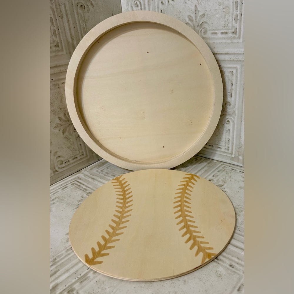 Unfinished  round Wooden Tray & baseball theme disc